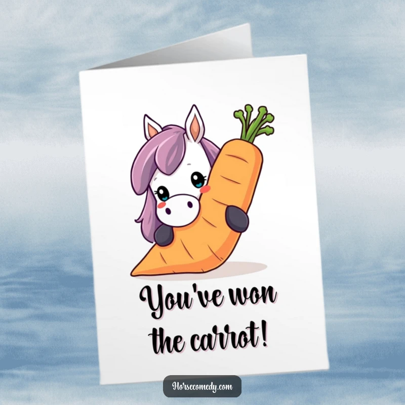Funny Free Printable Congratulations Card: A horse curiously peeks over a giant, smiling carrot.