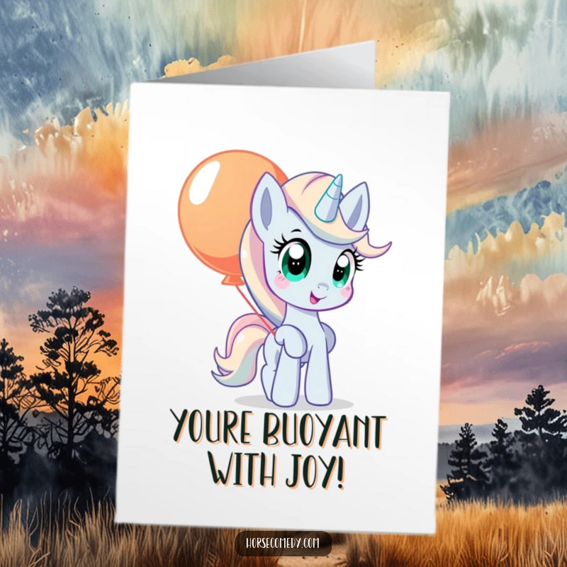 Funny Free Printable Congrats Card: A curious pony character with wide eyes skillfully balancing a large, vibrant balloon, congratulating success.