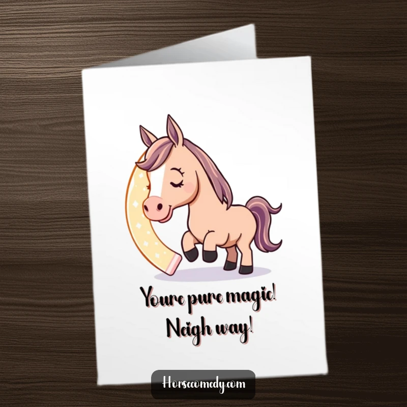 Funny Free Printable Congratulations Card: A horse character nudges a large, luminous horseshoe, bringing luck and cheer to a special celebration.