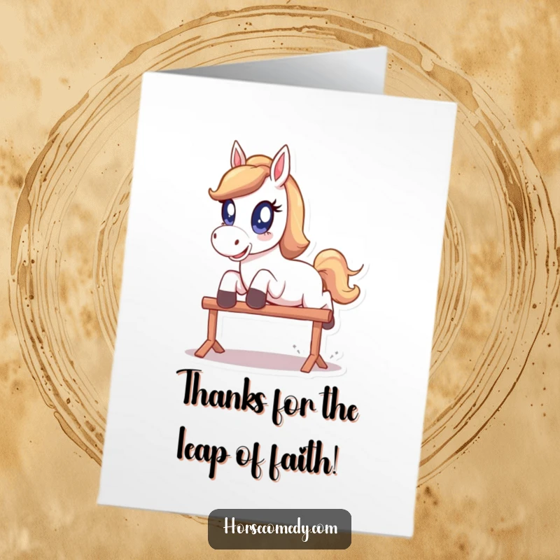 Funny Free Printable Thank You Card: Horse with oversized sparkling eyes, playfully jumping over a small obstacle.