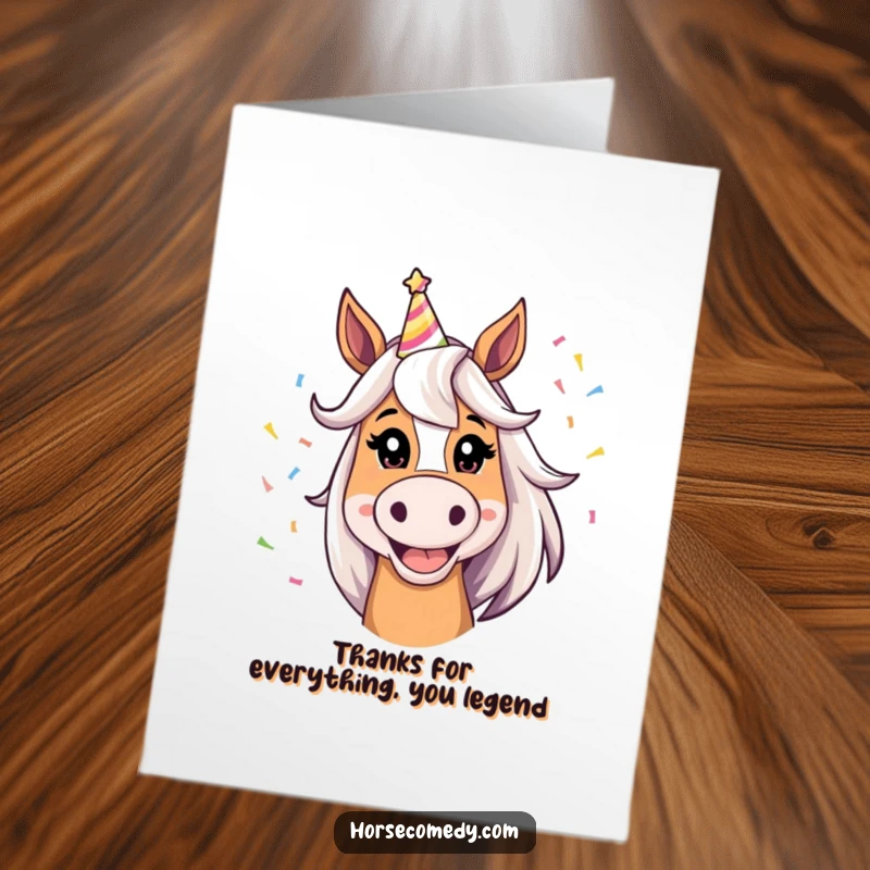 Funny Free Printable Horse Thank You Card: A horse with a huge grin, wearing a party hat, expresses thanks.