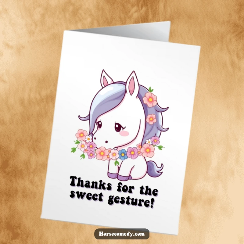 Funny free printable thank you card of a horse wearing a flower garland and gently nuzzling it.