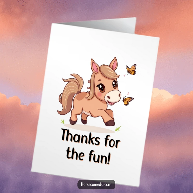 Funny free printable thank you card featuring a horse playfully pursuing a butterfly with enthusiastic eyes.