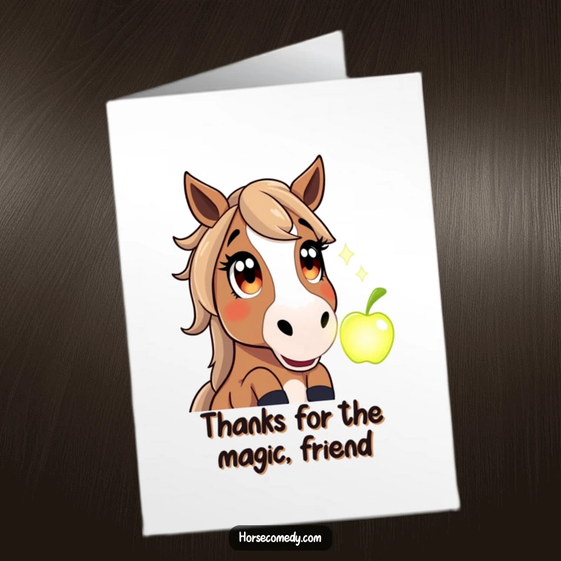 Funny Free Printable Horse Thank You Card: Amazed horse observes a wondrous glowing apple, a truly magical thank you.