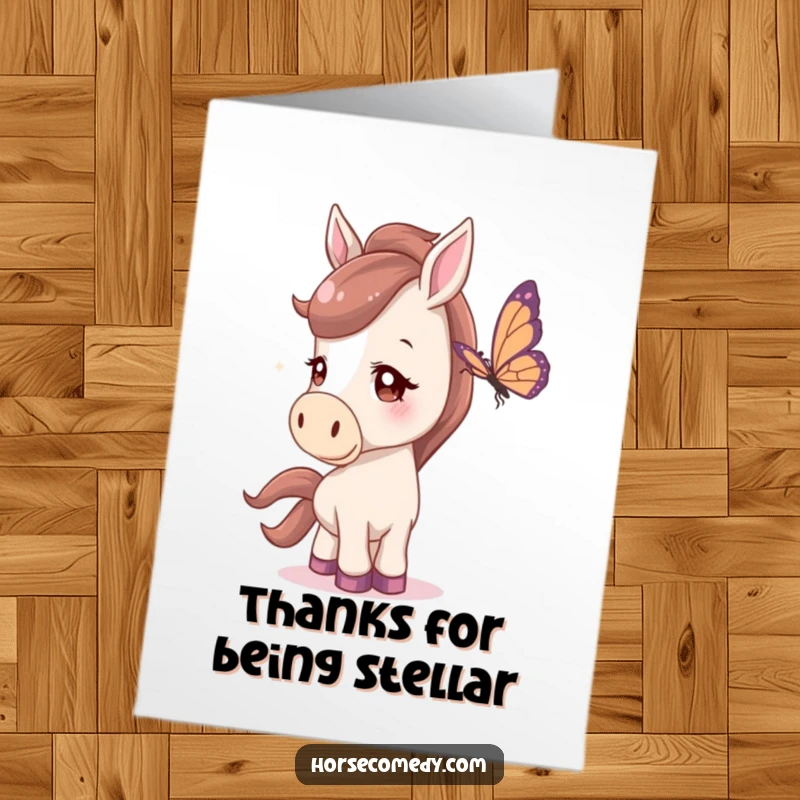 Funny free printable thank you card featuring a horse character with a curious head tilt, captivated by a butterfly, expressing gentle thanks.