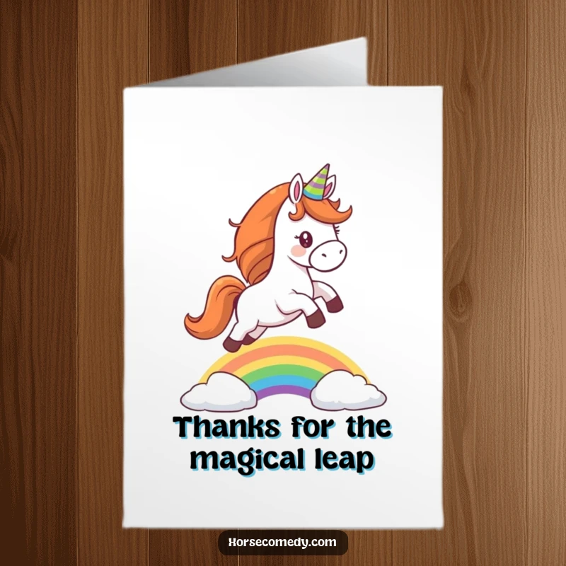 Funny free printable thank you card: A horse wearing a party hat leaps triumphantly over a rainbow, expressing thanks.