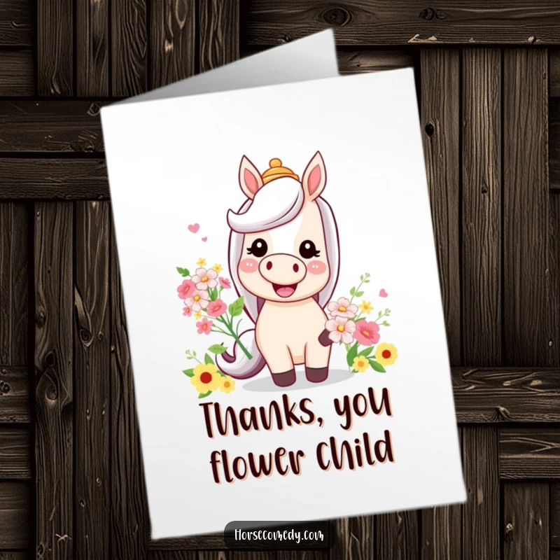 Funny Free Printable Horse Thank You Card: A smiling horse in a funny hat offers a bouquet of flowers as thanks.