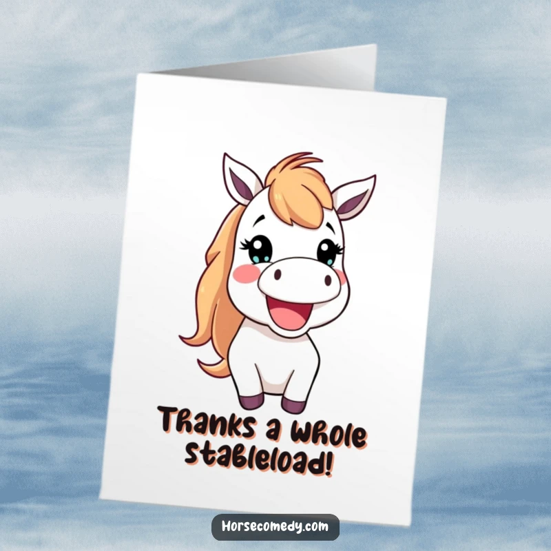 Funny Free Printable Thank You Card: A happy horse creature neighing cheerfully, a fun way to say thank you.