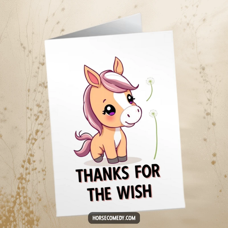 Funny Free Printable Thank You Card featuring a cute horse with perked ears, gently nudging a floating dandelion.