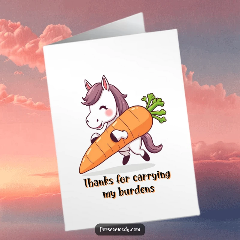 Funny Free Printable Thank You Card: A horse character tripping with a massive carrot, symbolizing a humorous 'thank you' for help.