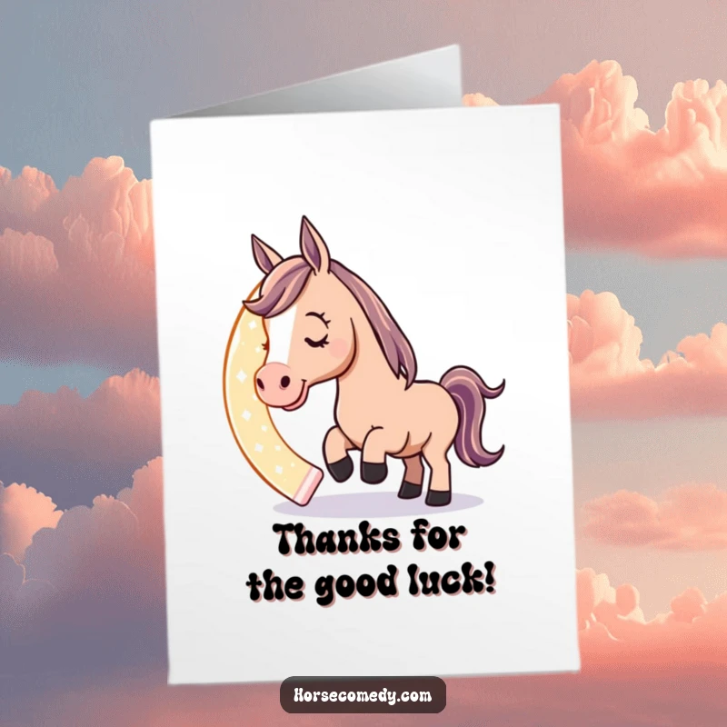 Funny Free Printable Thank You Card: A horse character gently nudges a giant, glowing horseshoe, symbolizing good fortune and warm gratitude.