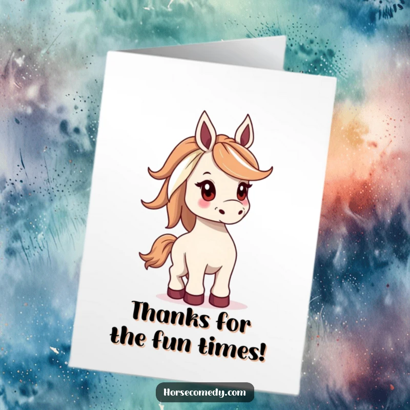 Funny Free Printable Thank You Card: A horse with a luxurious mane playfully bucks, conveying thanks with spirited energy.