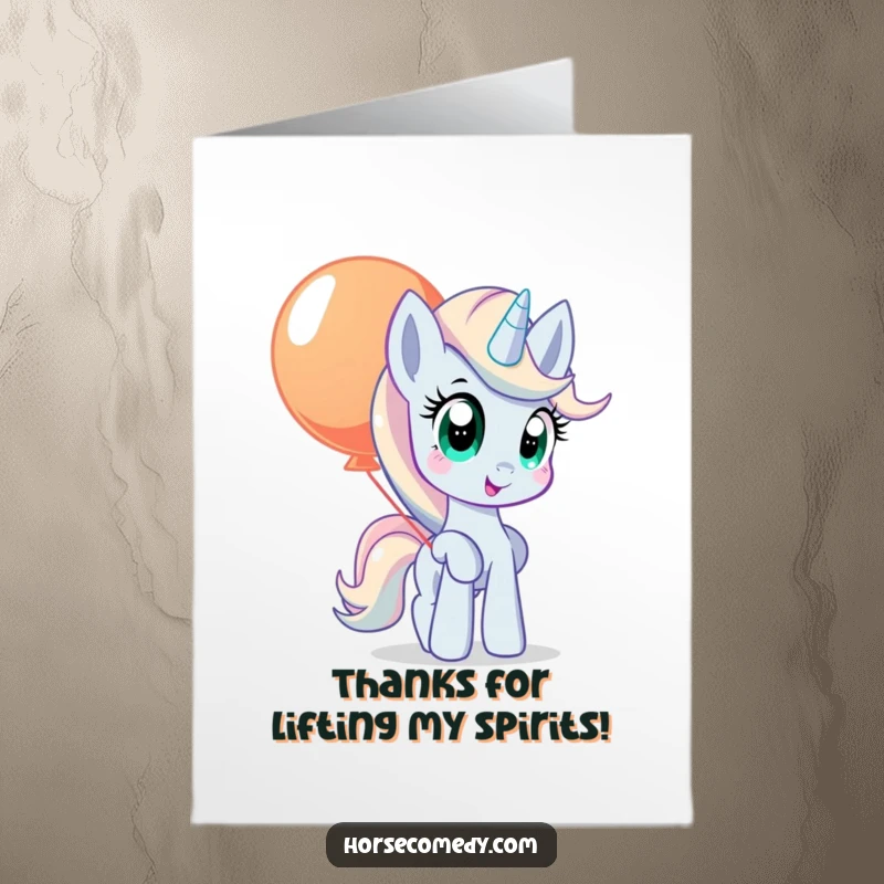 Funny Free Printable Thank You Card: A pony with wide, curious eyes balances a large, colorful balloon, a whimsical thank you.
