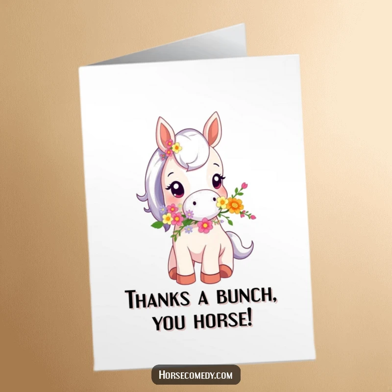 Funny Free Printable Thank You Card showing a tiny horse delicately carrying a colorful flower bouquet in its mouth, expressing thanks.