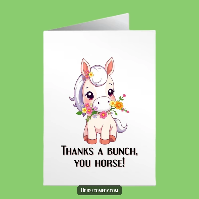 Free Printable Thank You Card: Horse with Flowers, Funny Downloadable Gesture