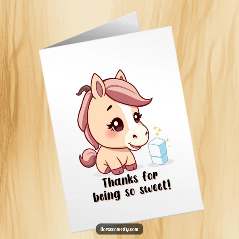 Funny Free Printable Thank You Card: A horse curiously examines a sugar cube, conveying sweet gratitude with a tilted head.