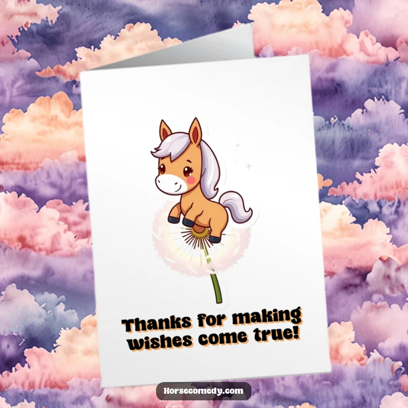 Funny Free Printable Thank You Card: A smiling horse rides a giant dandelion seed, sending thanks on the breeze, downloadable appreciation.