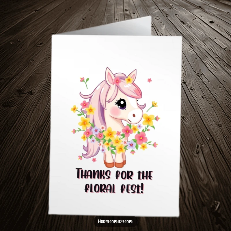 Funny Free Printable Thank You Card: A horse gently tangled in a bright flower garland offers thanks, downloadable floral appreciation.