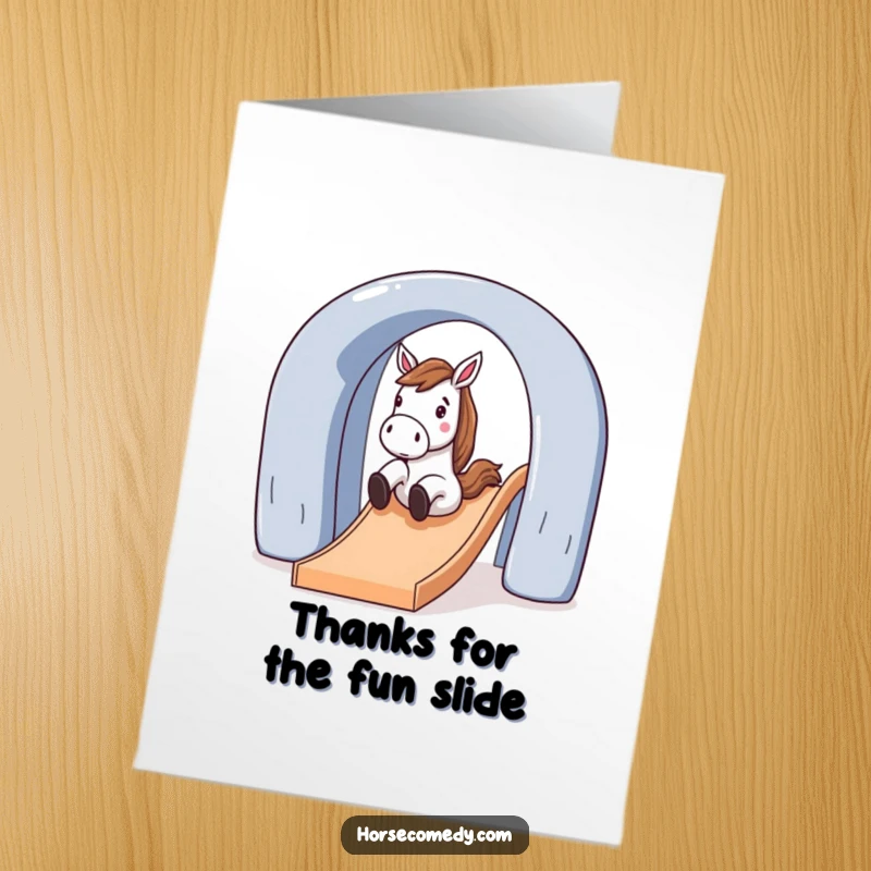 Fun Free Printable Thank You Card: A horse character slides down a large, arched slide with a happy expression.