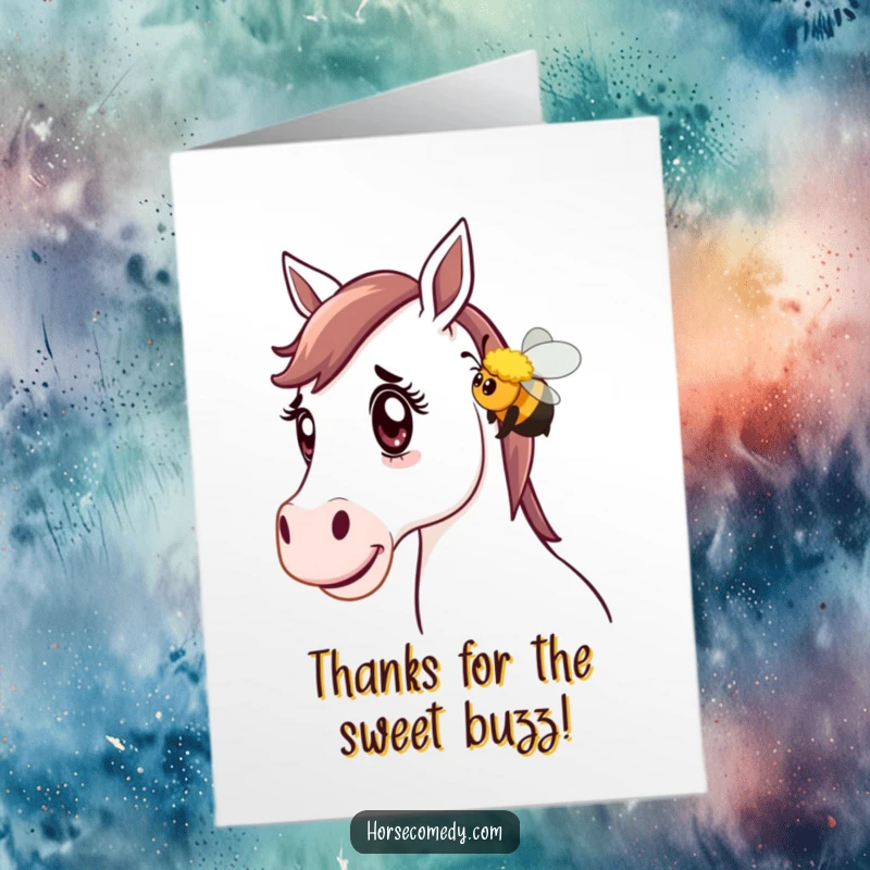 Funny Free Printable Thank You Card: A surprised horse is playfully nudged by a bumblebee, conveying thanks with charming humor.