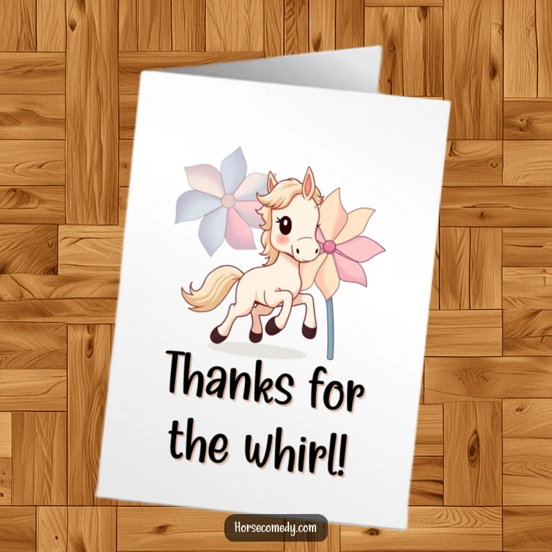 Funny Free Printable Thank You Card featuring a horse cub joyfully chasing a large, spinning pinwheel in playful pursuit.