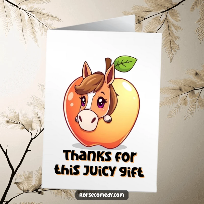 Funny Free Printable Thank You Card: Horse peeking with curiosity from behind a large, sparkling apple, a unique thanks card.