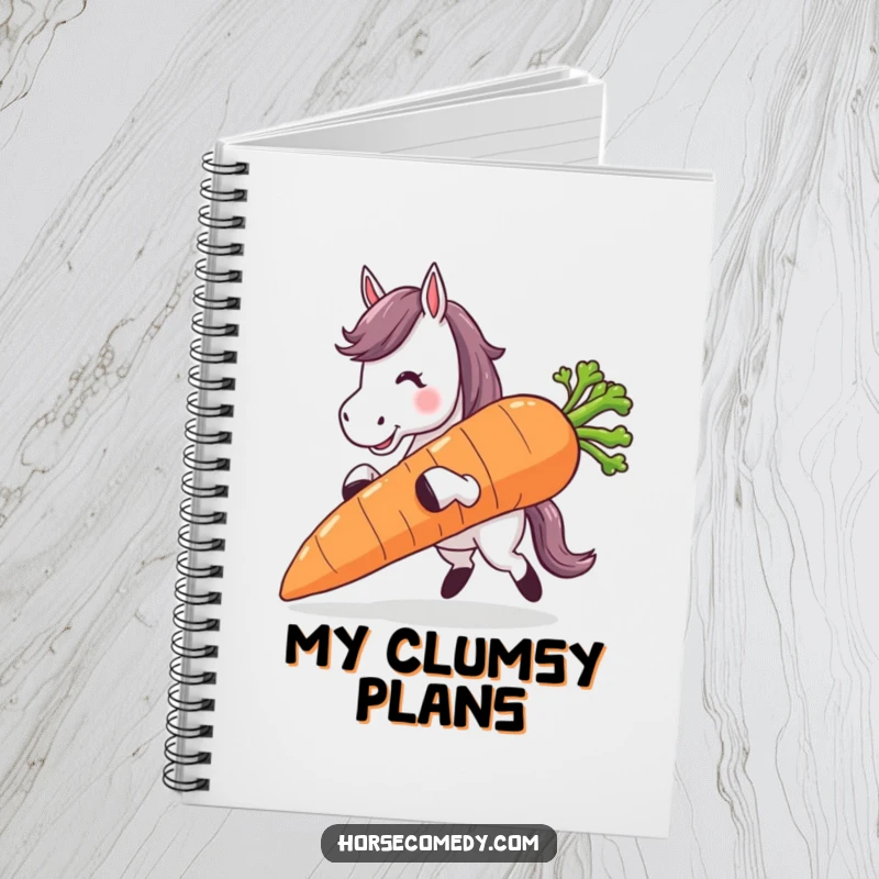 Funny horse character tripping while carrying a giant carrot, featured on a humorous notebook.