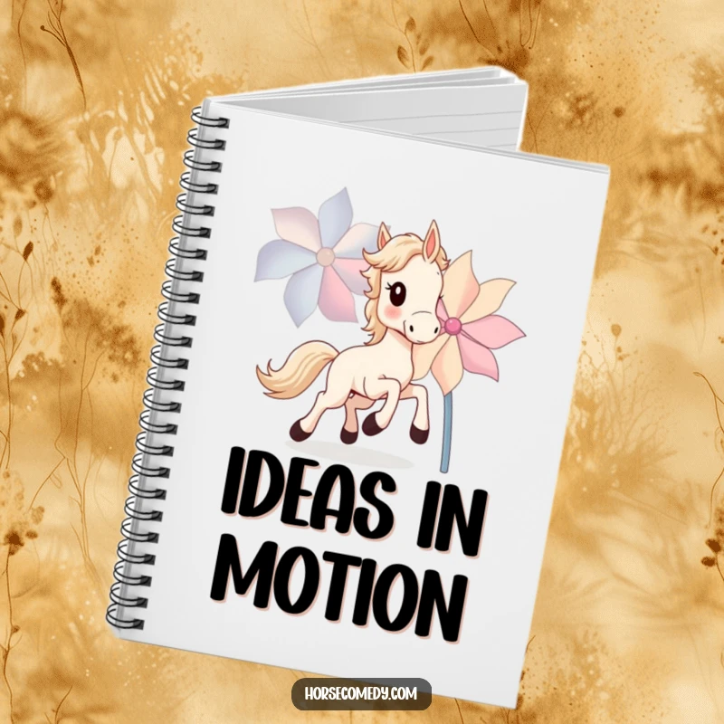 Funny Horse Cub Notebook showing a small horse cub joyfully chasing a large, spinning pinwheel, ideal for creative notes.