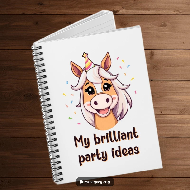 Funny Horse Notebook with a silly grin horse in a party hat and confetti, great for writing down funny thoughts.