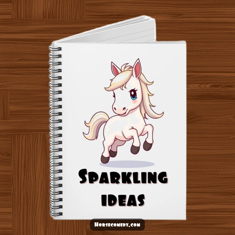 Funny horse notebook, horse with a shimmering mane, prancing with excitement, ideal for jotting down vibrant thoughts and inspired ideas.