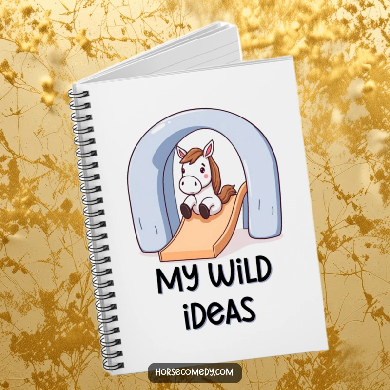 Funny horse character sliding down a large, arched slide on a notebook cover, perfect for jotting down exciting thoughts.