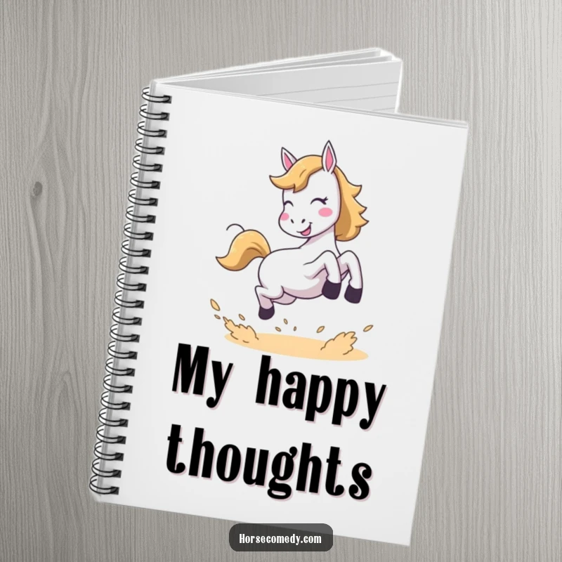 Funny notebook featuring a horse performing a joyful leap and kicking up dust, ideal for jotting down fun thoughts and ideas.