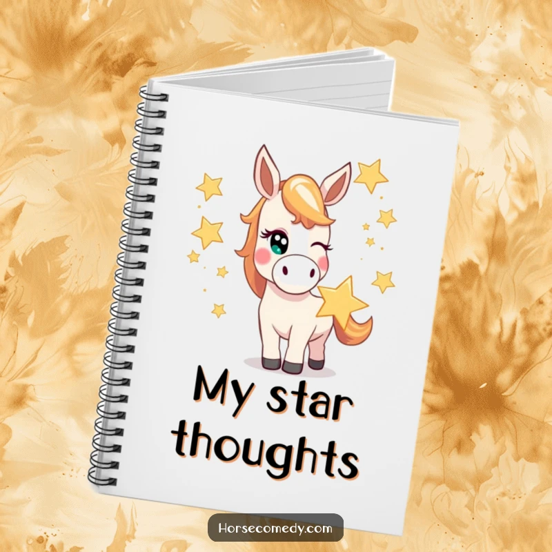 Funny horse notebook with a mischievous horse character winking while juggling oversized, bright stars, ready for cosmic thoughts.