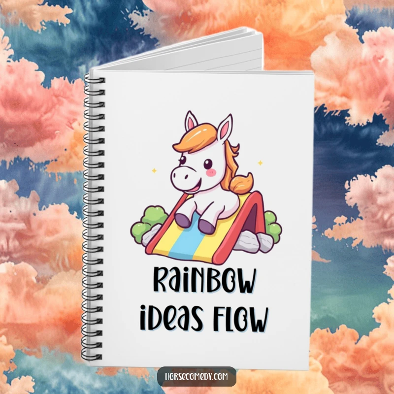 Funny Notebook: A happy horse shouts with glee while sliding down a rainbow, ready for your notes.