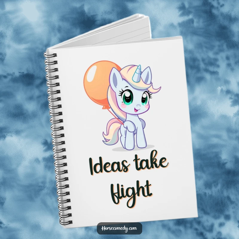 Funny pony notebook featuring a pony with wide, curious eyes, balancing a large, colorful balloon.