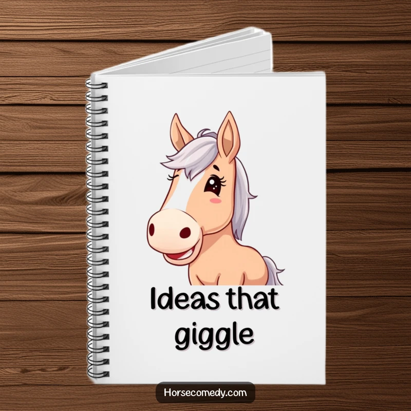 Funny horse notebook, horse with oversized floppy ears, giggling joyfully, ideal for jotting down humorous thoughts and funny ideas.