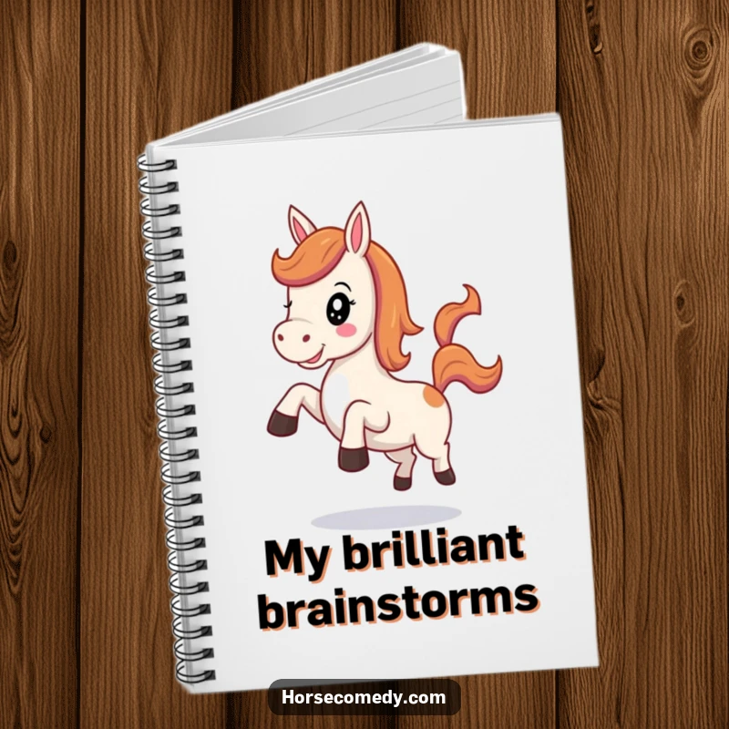 Funny Kawaii Horse Notebook showing a cute horse neighing happily and kicking its heels playfully, ideal for journaling.