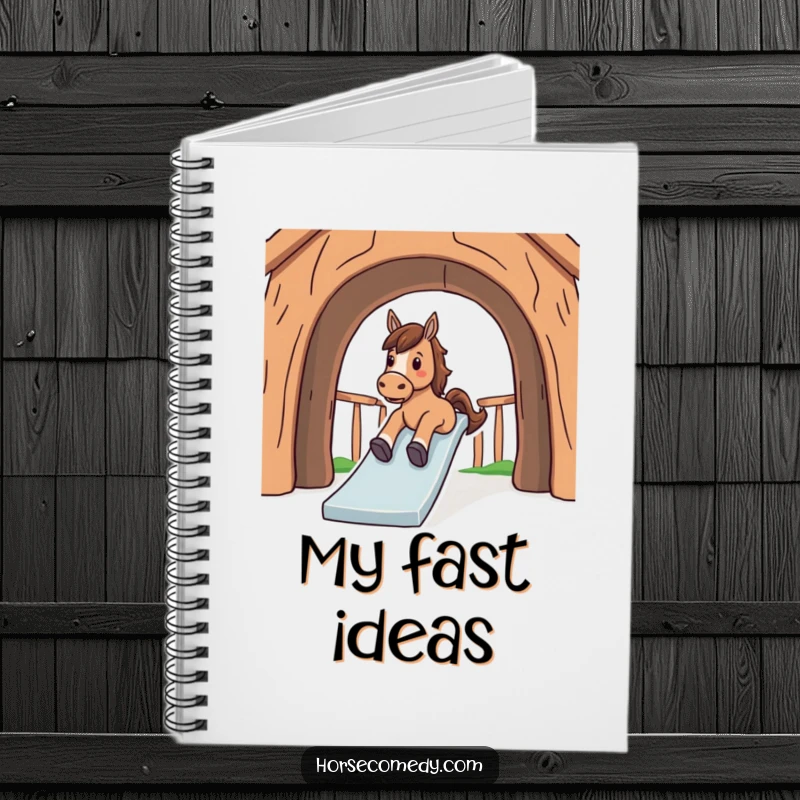 Funny notebook cover depicting a horse having a fantastic time sliding down a large, curved slide.