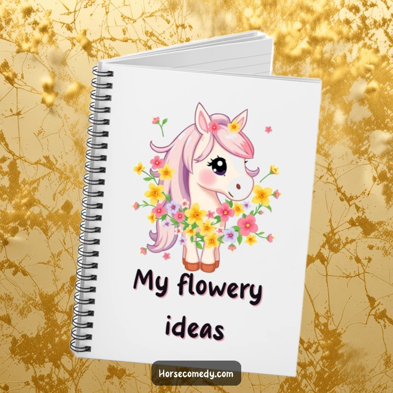 Funny Horse Notebook: A horse character is humorously tangled in a vibrant garland of flowers, creating a whimsical and delightful image.