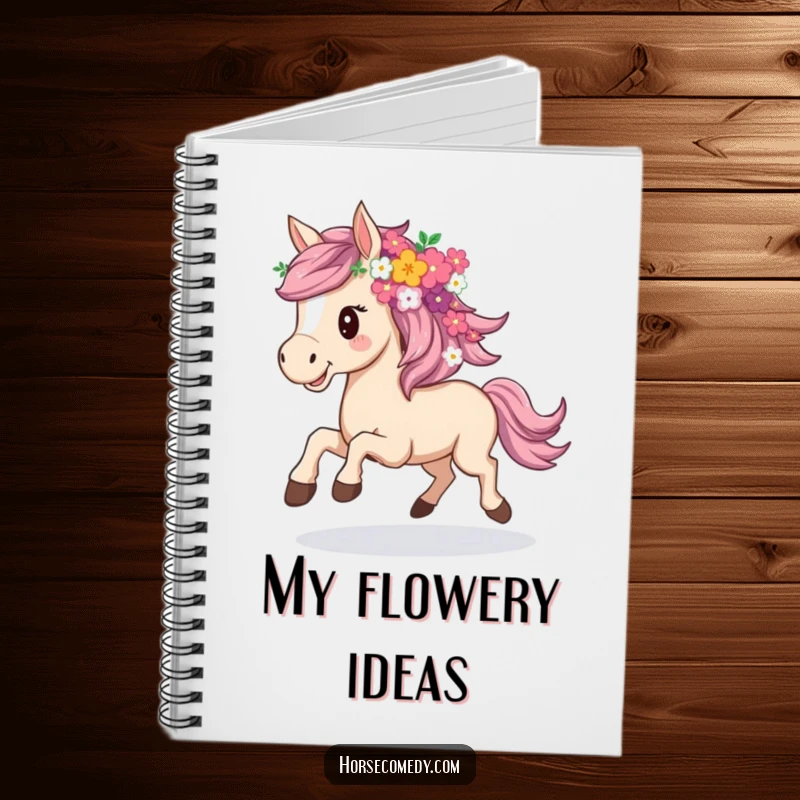 Funny notebook featuring a horse joyfully galloping, its mane creatively styled with a variety of flowers.