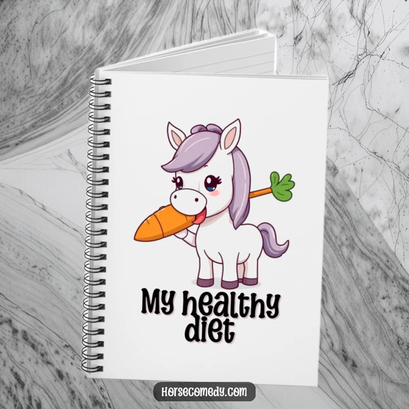 Funny horse character happily munching a giant, colorful carrot on a notebook cover, perfect for jotting down happy notes.