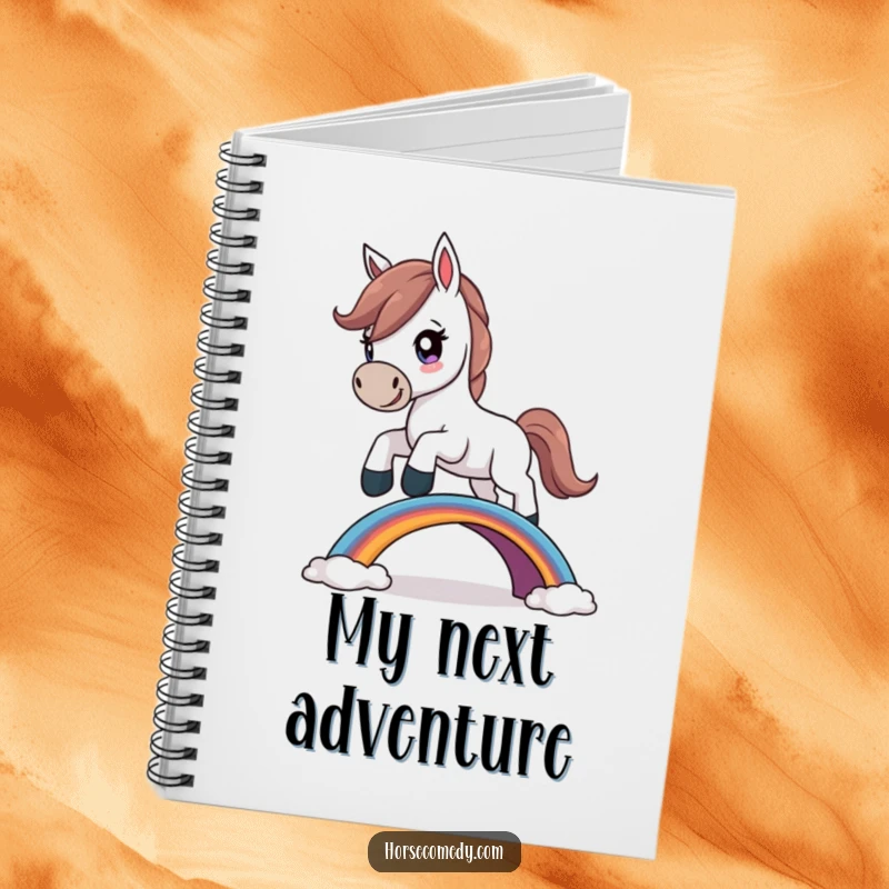 Funny Horse Notebook cover showing a determined horse character leaping over a small rainbow bridge, for jotting down goals.