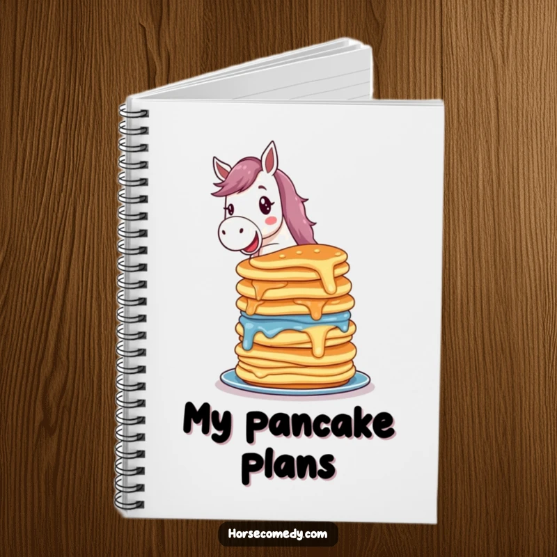 Funny horse notebook with a delighted horse character balancing a colorful stack of wobbling pancakes, ready for sweet thoughts.