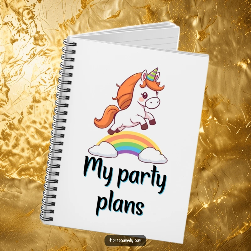 Funny notebook featuring a horse wearing a party hat, leaping over a rainbow, ideal for jotting down whimsical thoughts.