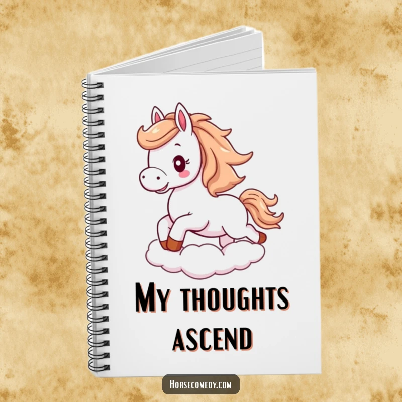 Funny horse notebook featuring a fluffy horse with flowing mane, excitedly galloping on a cloud.