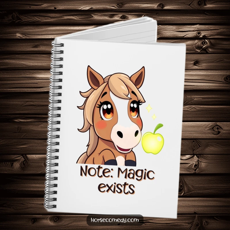 Funny notebook cover with a horse character displaying immense amazement at a mystical, glowing apple, for note-taking.