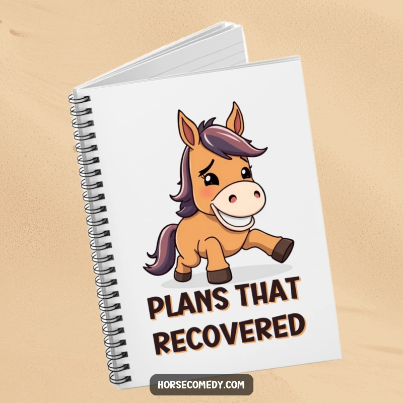 Funny horse notebook, character stumbling but recovering with a wide, goofy grin, ideal for jotting down resilient thoughts and humorous ideas.