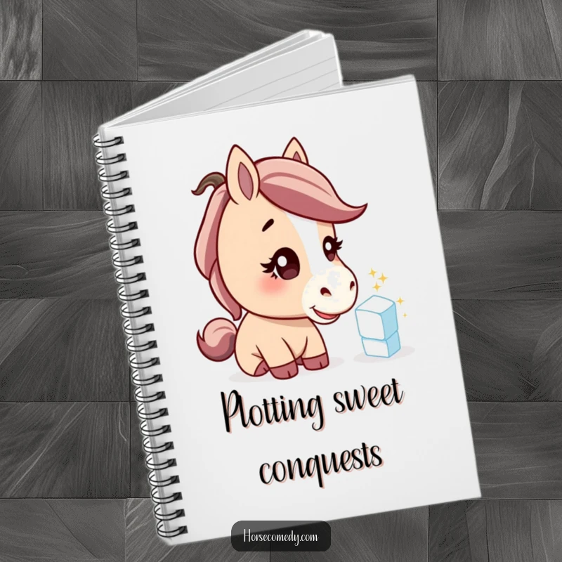 Funny horse notebook, a curious horse tilting its head to examine a glittering sugar cube, perfect for jotting notes.