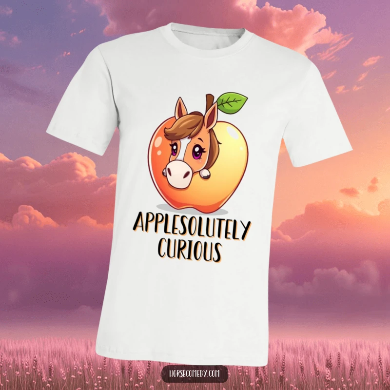 Funny horse character peeking from behind a giant, sparkling apple with a curious gaze on a t-shirt, showcasing playful intrigue.