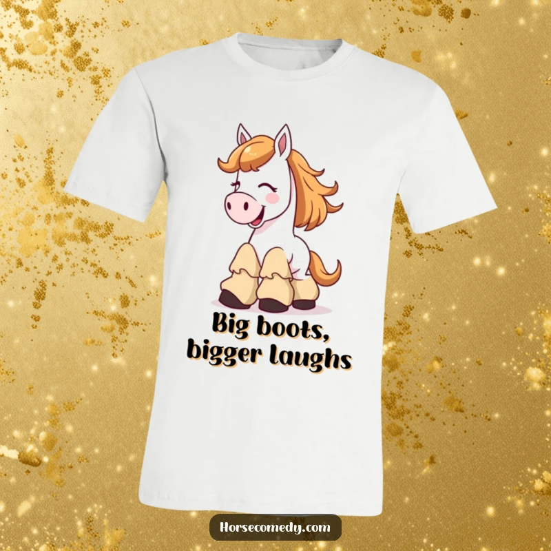 Funny T-Shirt showcasing a jolly horse with a wide grin, wearing comically large, floppy boots and giggling heartily.
